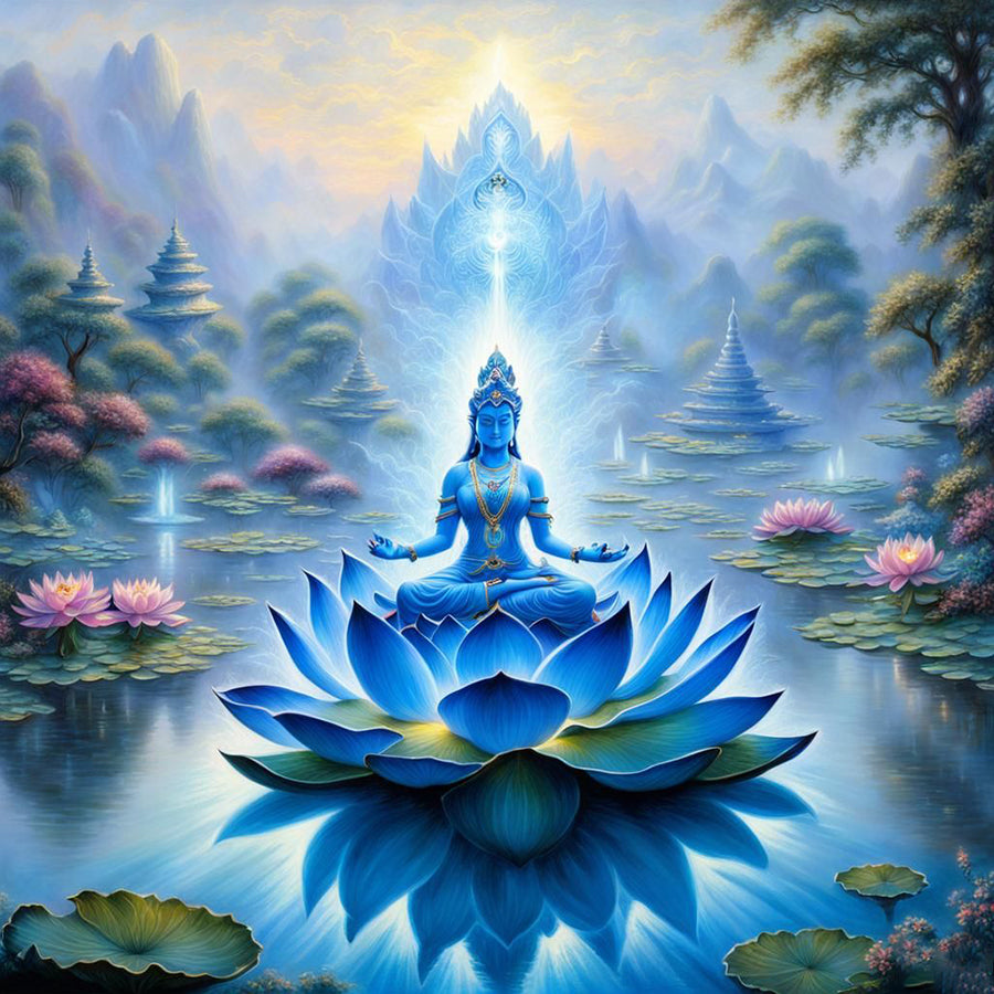 Blue Tara sits on a Blue Lotus at Radiant Farms