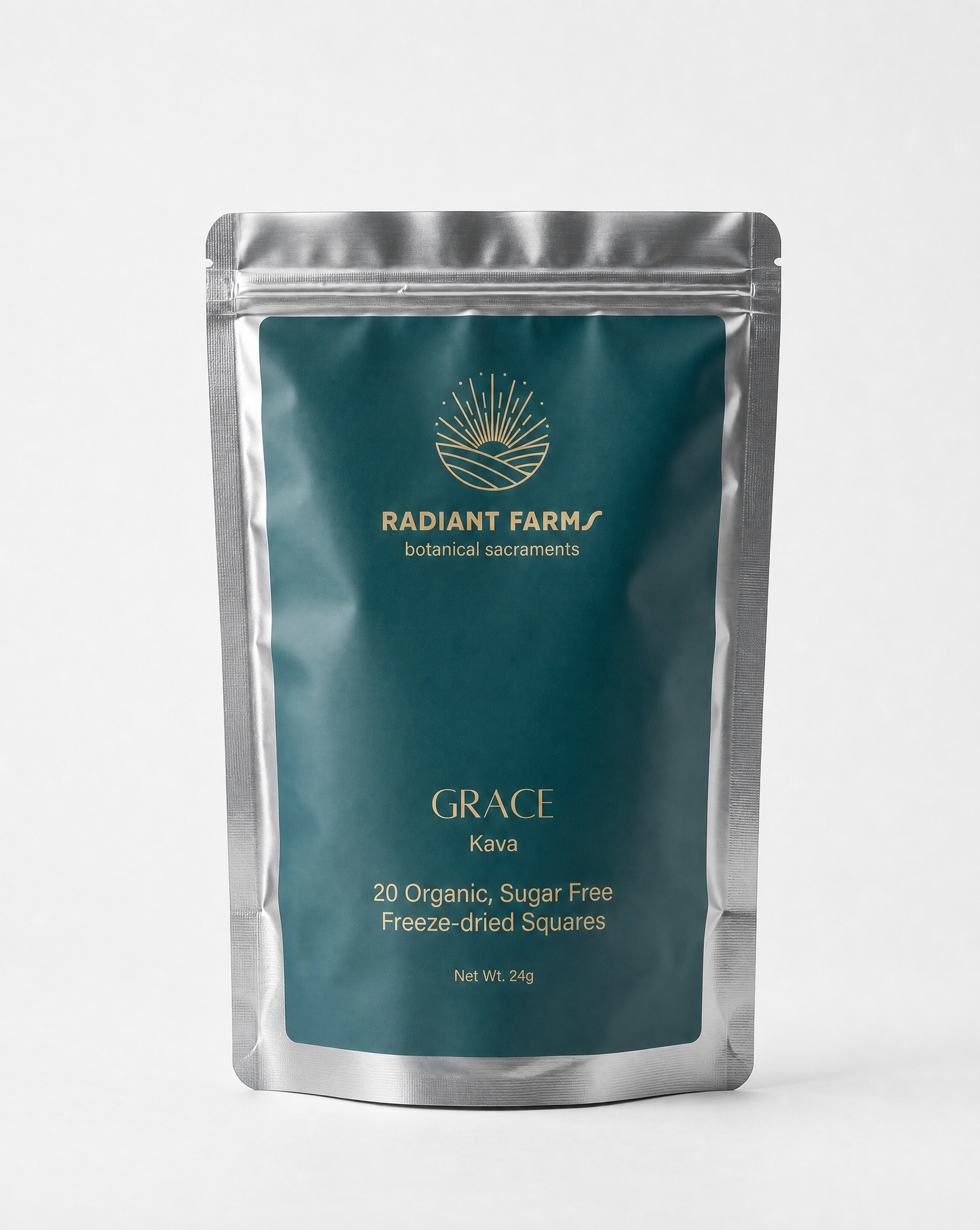 Radiant Farms Grace freeze-dried kava squares pouch in teal and silver mylar, 20 count