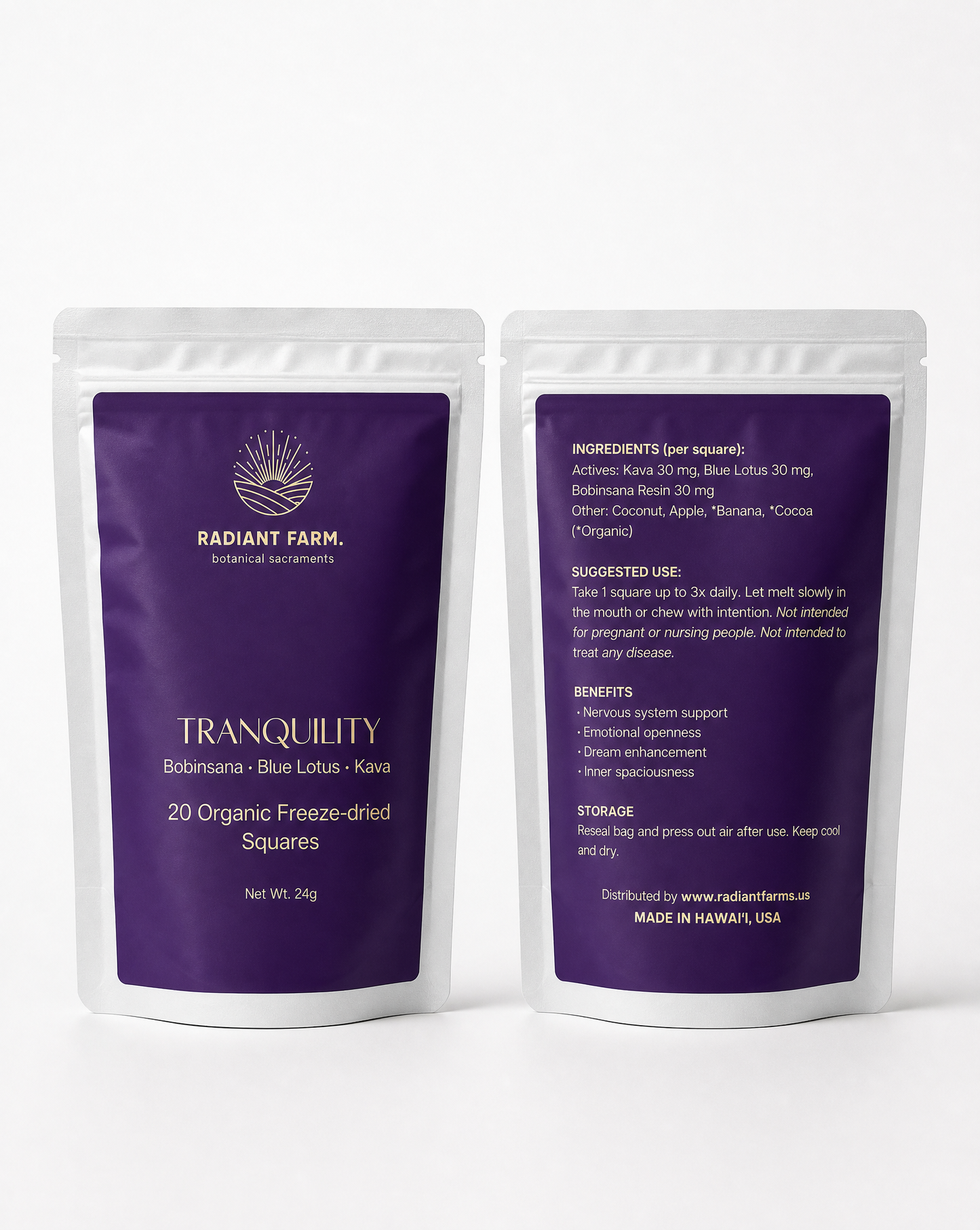 
                  
                    Radiant Farms Tranquility Blend pouch, twenty 30 mg freeze-dried squares
                  
                